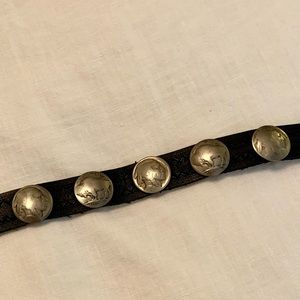 Black leather bracelet with silver coins